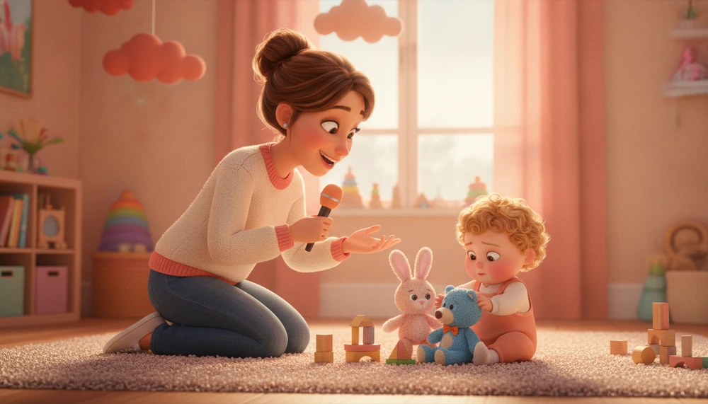 Parent narrating child's play with dolls, enhancing emotional learning.