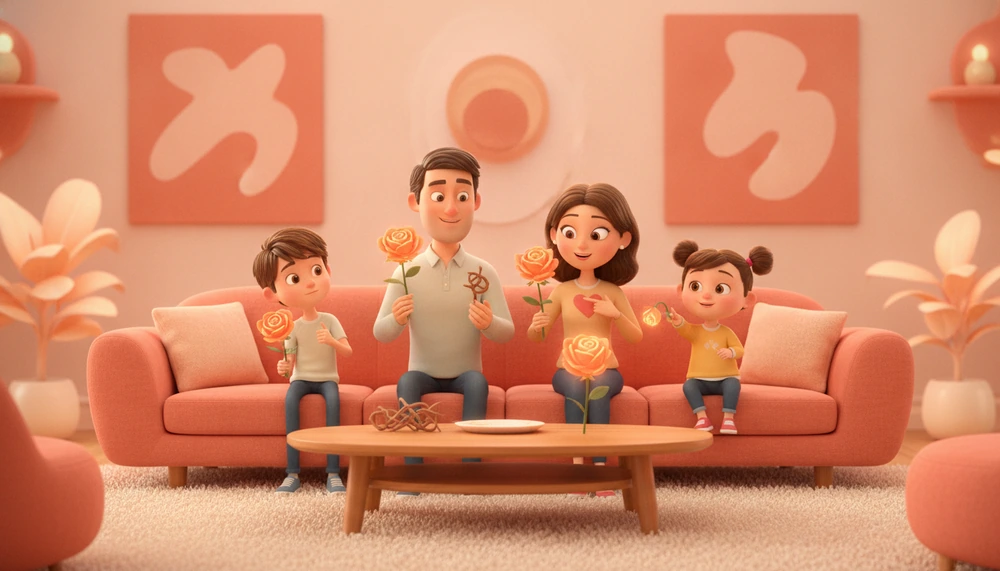 Family sharing their day's highs and lows in a living room setting.