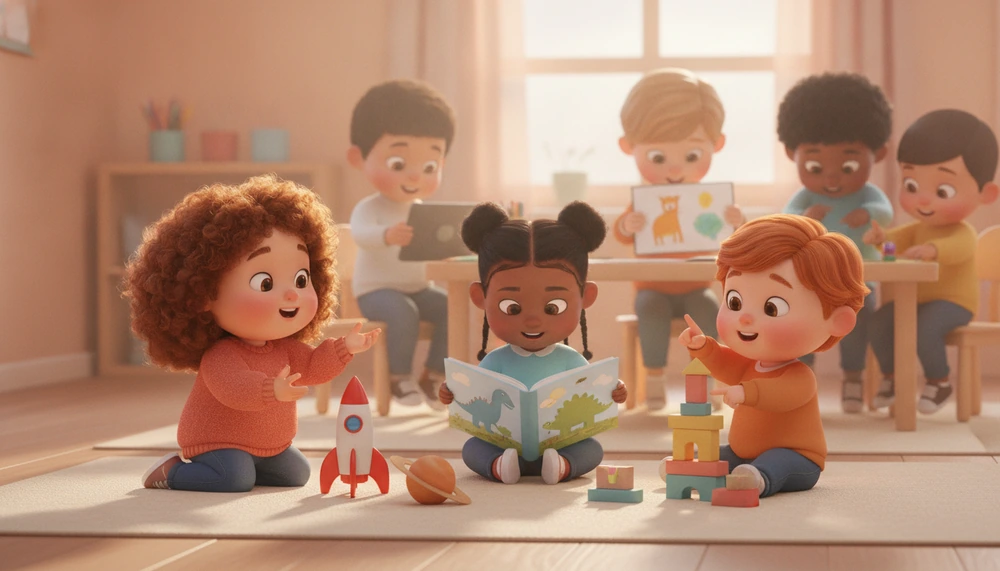 Children in a classroom engaging through diverse communication styles.
