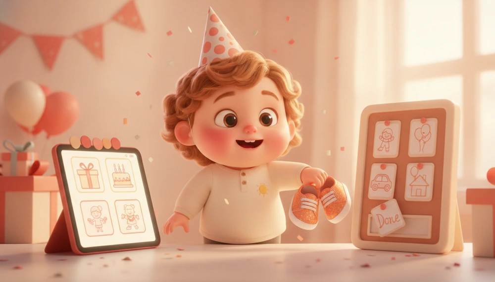 Child preparing for a birthday party with social story and visual schedule.