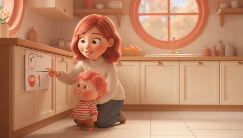 Parent and child using a first-then board for morning routines at breakfast.