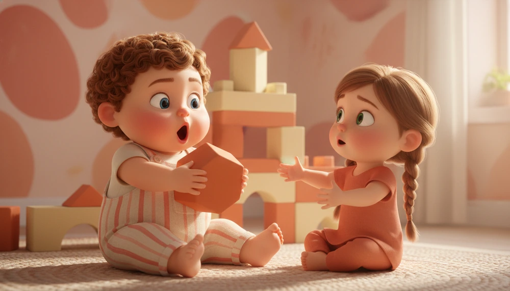 A toddler holding blocks and saying 'Mine!' as another child reaches for them.