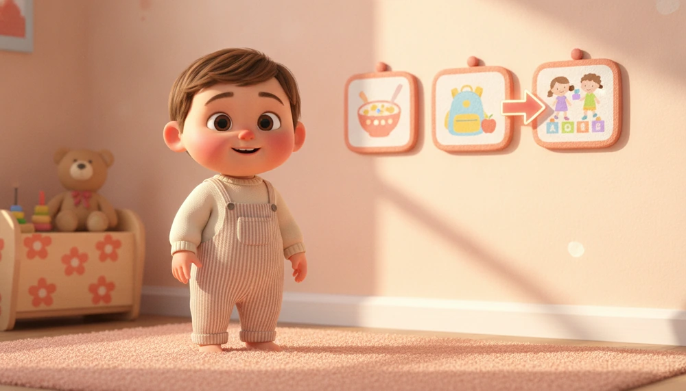 Child interacting with a visual schedule on the wall.