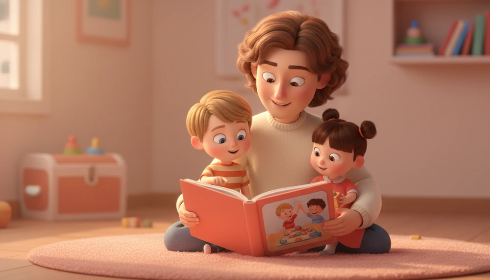 Parent reading a social story book to children about resolving conflicts.