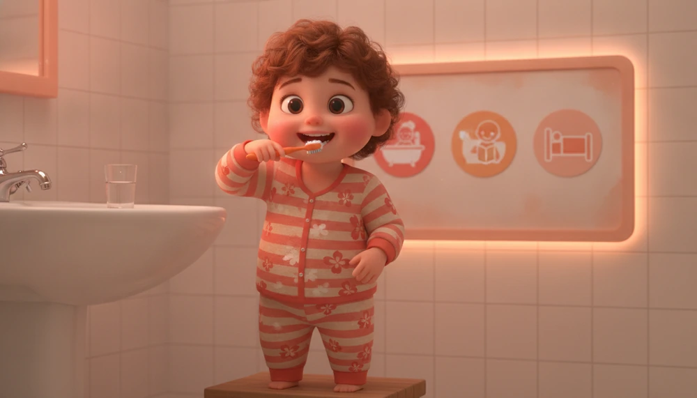 Child brushing teeth with a visual schedule.