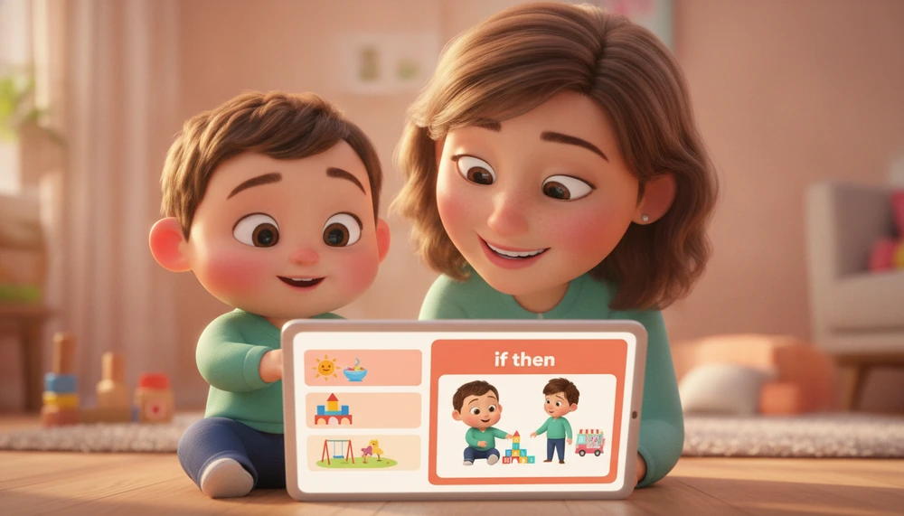 Child and parent using a visual schedule with an if-then scenario.
