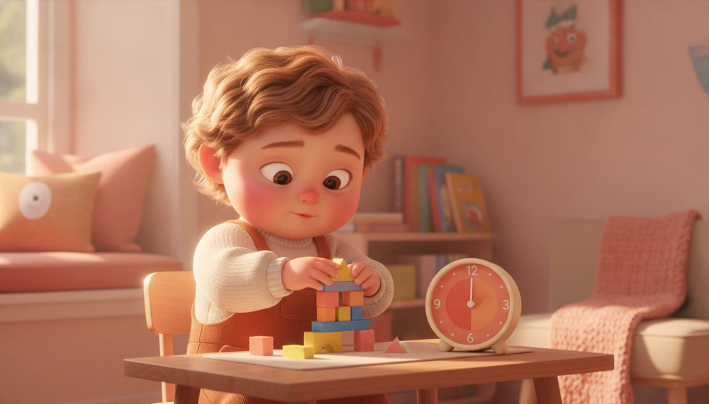 Child using Time Timer and analog clock in a home setting.