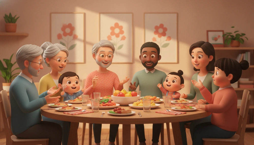 Family enjoying dinner together in a warm, inviting setting.