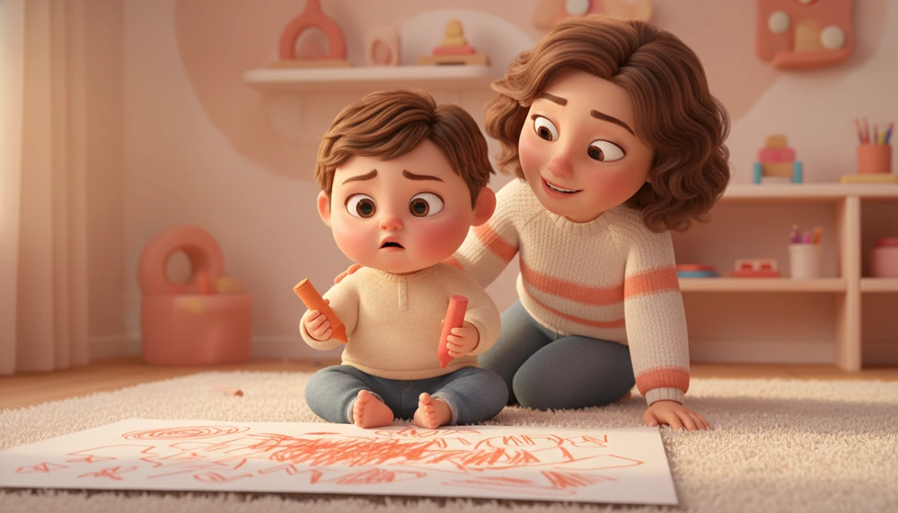 A child drawing to express emotions, with a supportive parent nearby.