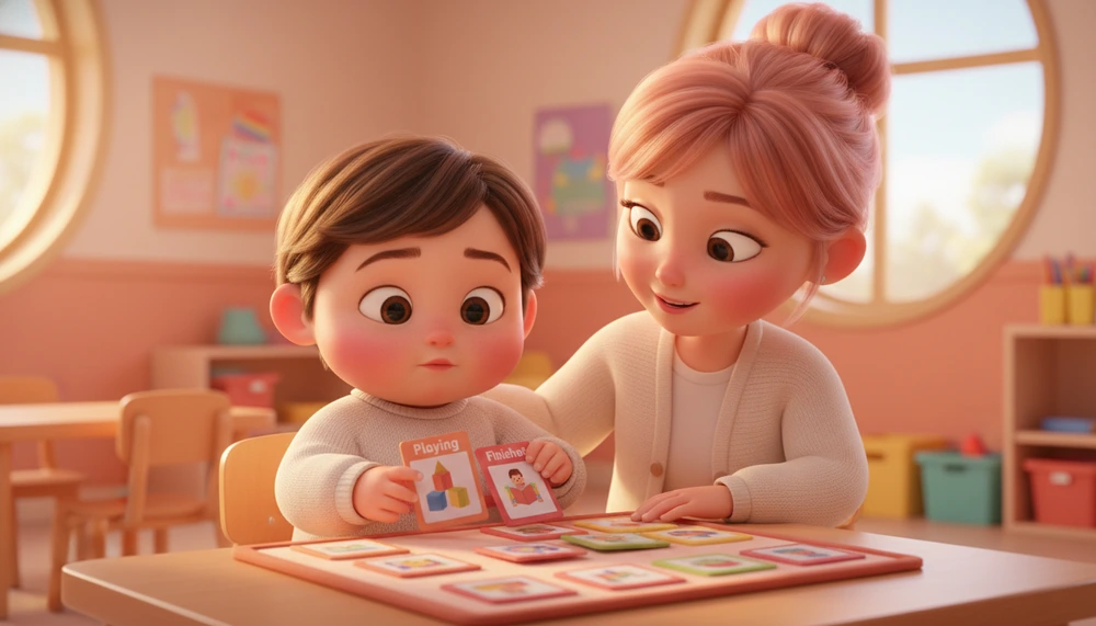 Child using a visual schedule in a classroom setting.