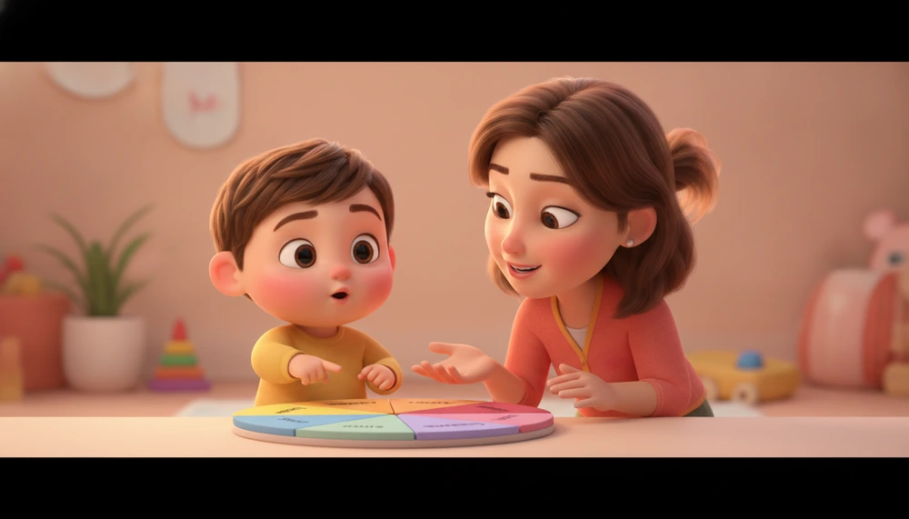 Child using a simplified emotion wheel with a parent