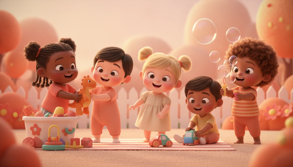 Children playing together, sharing toys in a backyard, promoting inclusivity.