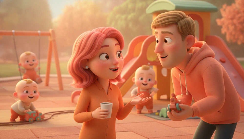 Parents discussing children's interests at a playground.