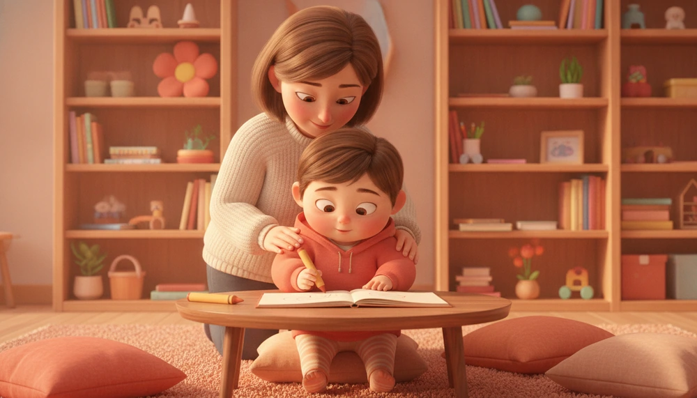 Child writing in notebook, parent gently guiding.