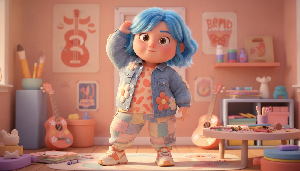 Tween with blue hair expressing identity through style and music.