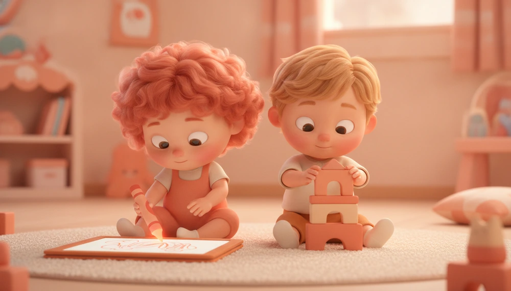 Children sitting side-by-side in parallel play, building blocks.