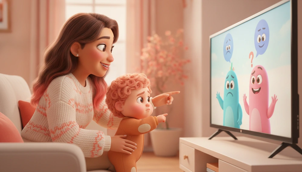 Parent and child discussing TV show characters' emotions.