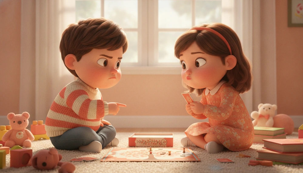 Two siblings playfully arguing over a board game.