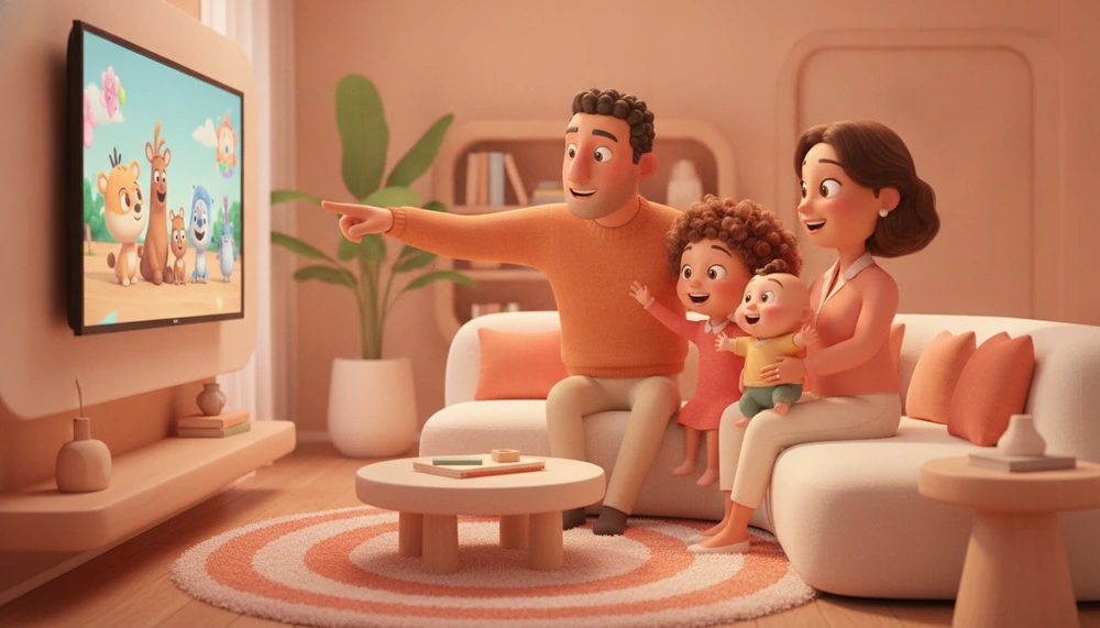 Family watching TV together, engaging in discussion during show.