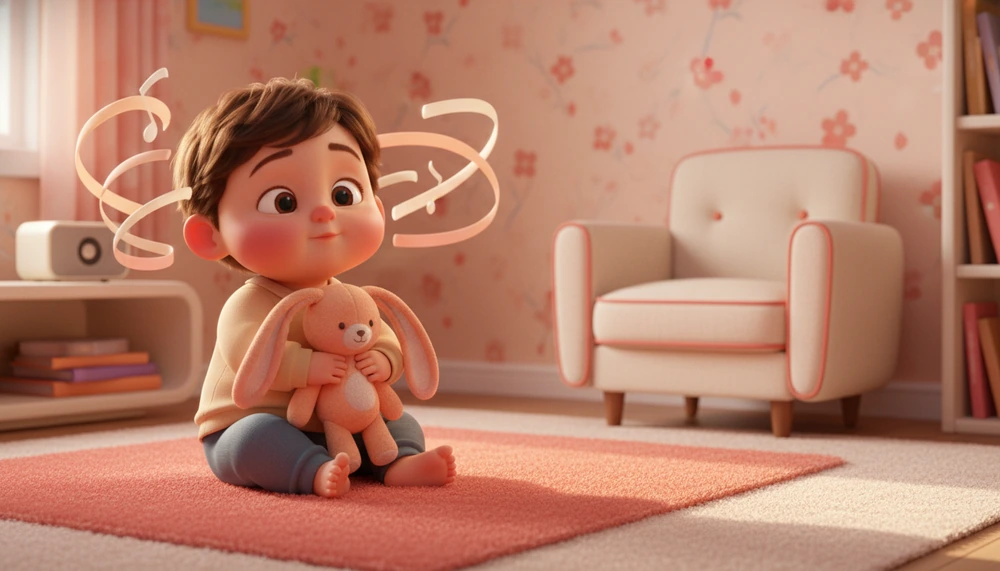 Child hugging a stuffed animal and listening to music for comfort.