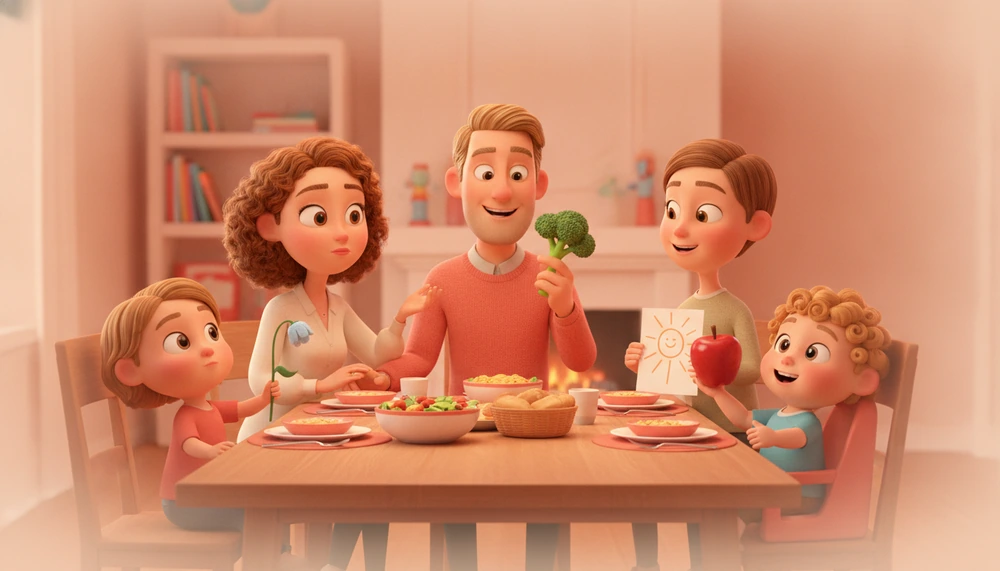 Family sharing daily highs and lows at dinner, practicing emotional check-ins.