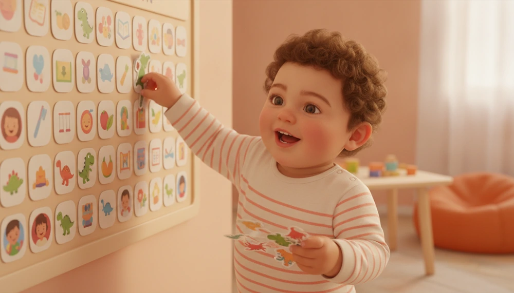 Boy adding dinosaur stickers to his visual schedule.
