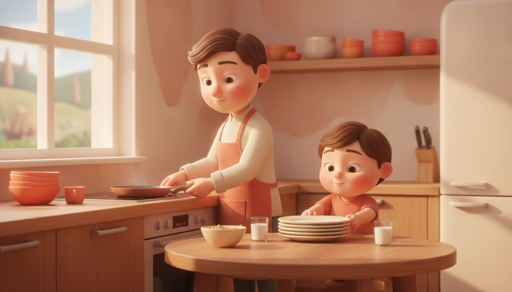 Parent and child calmly preparing breakfast together.