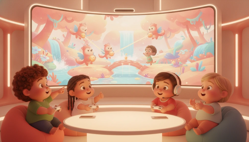 Children playing a multiplayer video game, showing teamwork and communication.