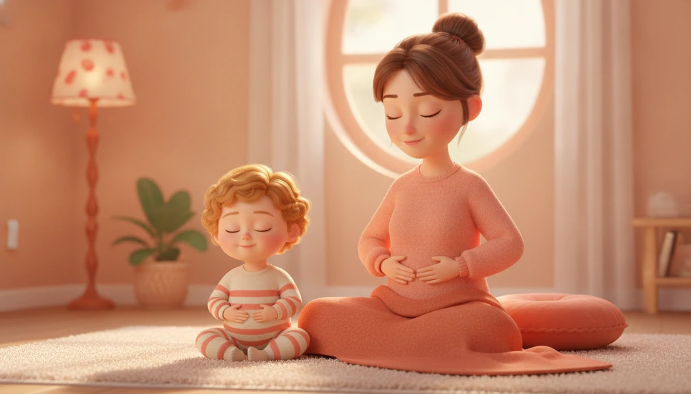 Parent and child practicing mindfulness exercises at home.