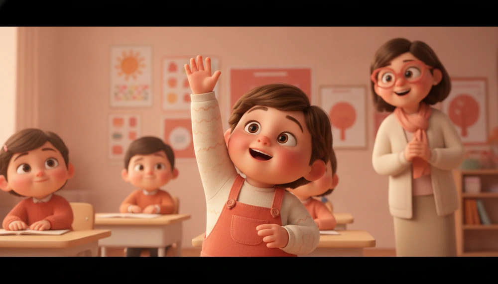 Child raising hand in class, teacher nodding supportively.