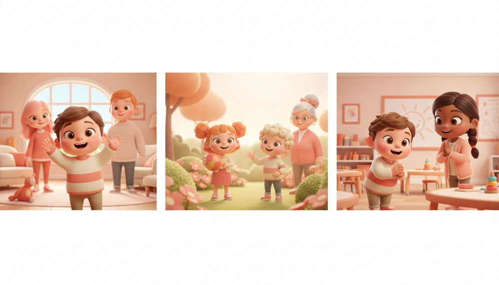 Child practicing greetings with different people in various settings.