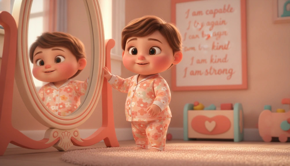 Child practicing positive self-talk in front of a mirror.
