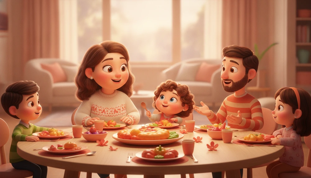 A family gathered around the dinner table, engaging in active conversation and sharing gratitude.