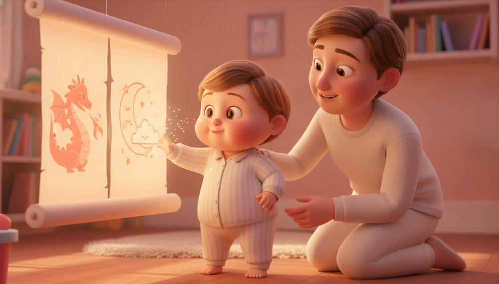 Child choosing bedtime stories with parent's guidance.