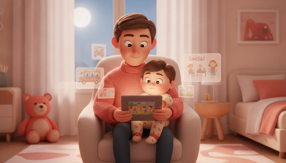 Parent and child reading a social story together at bedtime.