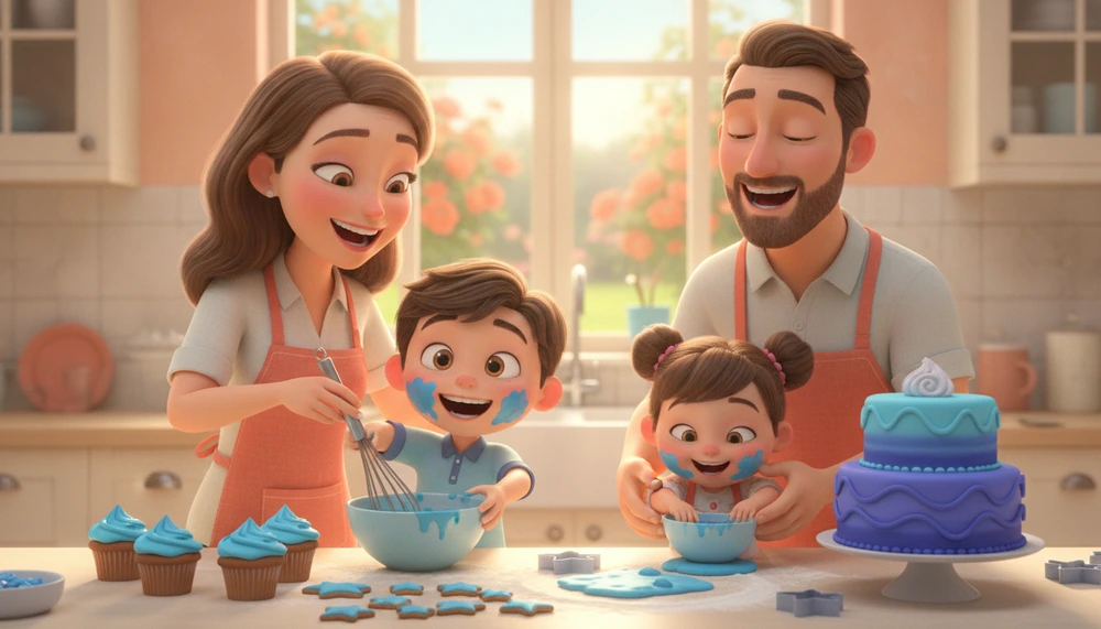 Family baking blue treats for autism awareness.