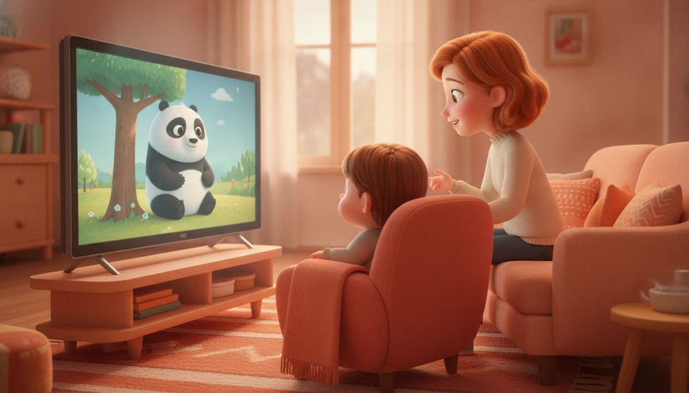 Child and parent watching Stillwater, discussing mindfulness.