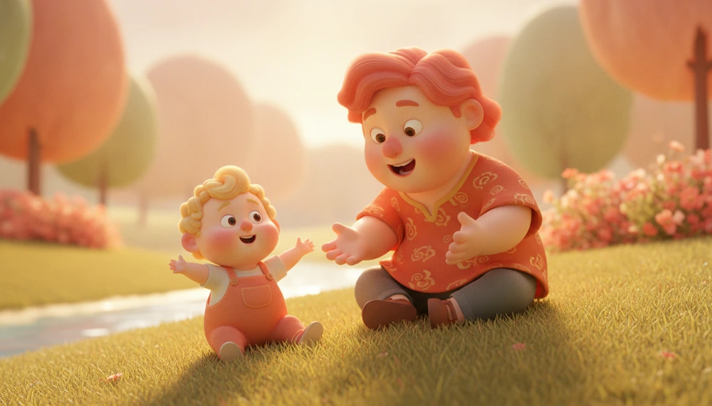 Parent and child communicating through non-verbal cues in a park.
