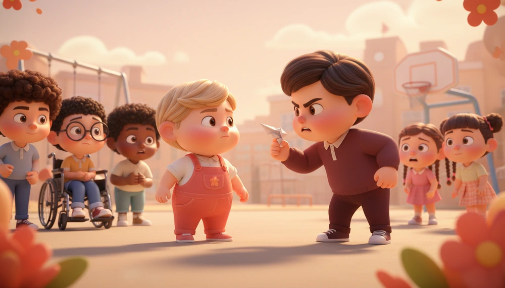Pre-teen standing up to a bully in a schoolyard.
