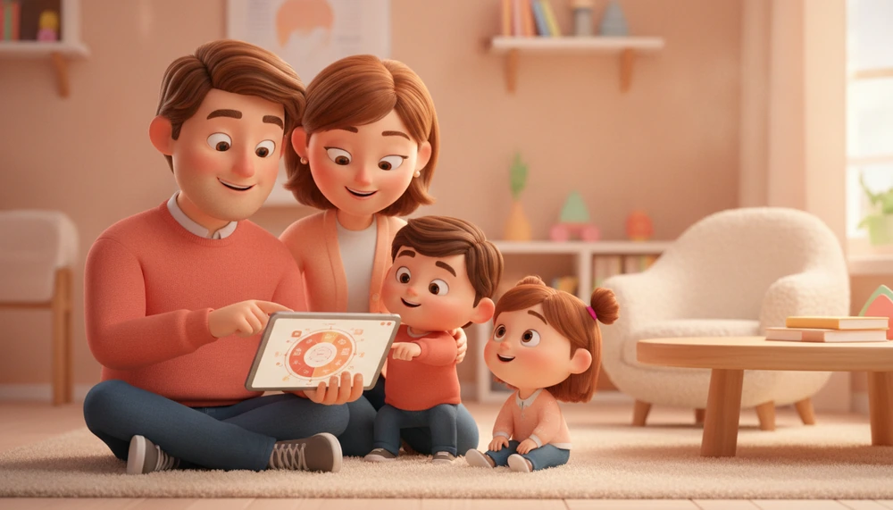 Family discussing screen time schedule together, promoting cooperation.