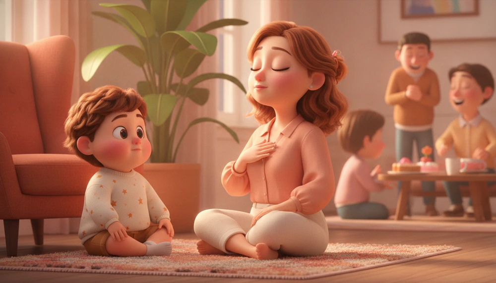 A parent and neurodivergent child practicing co-regulation at a family gathering.