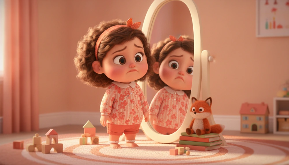 A girl practicing social interactions in front of a mirror, illustrating masking efforts.