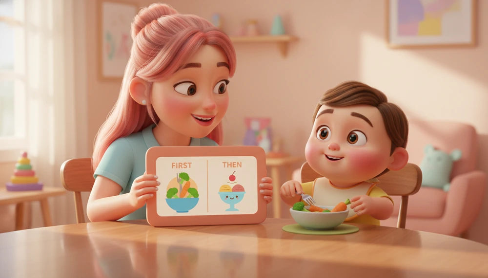 Parent and child using a First-Then board at dinner.