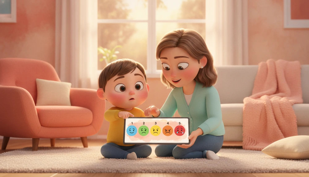 Child using 5-point scale with parent, cozy setting.