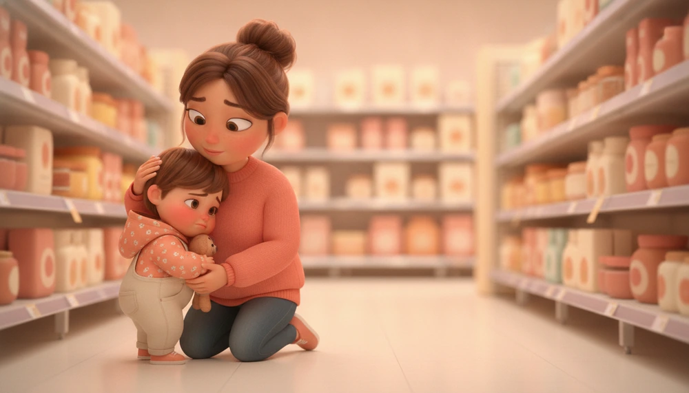 Parent co-regulating with a child overwhelmed in a supermarket.