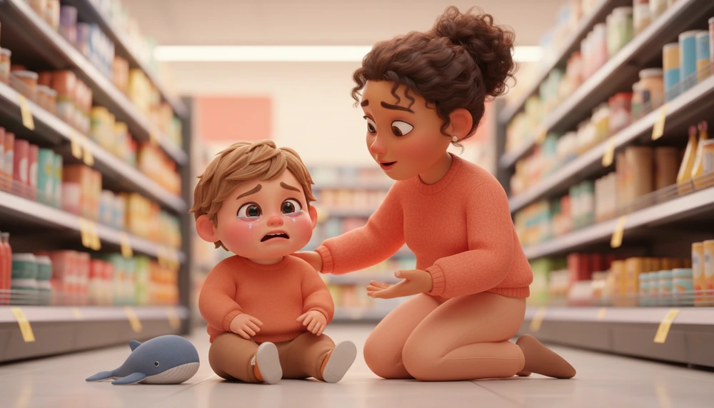 Parent comforting a child during a supermarket meltdown.