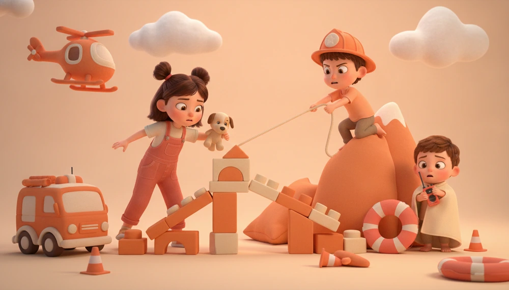 Children in a pretend rescue mission showing emotions.
