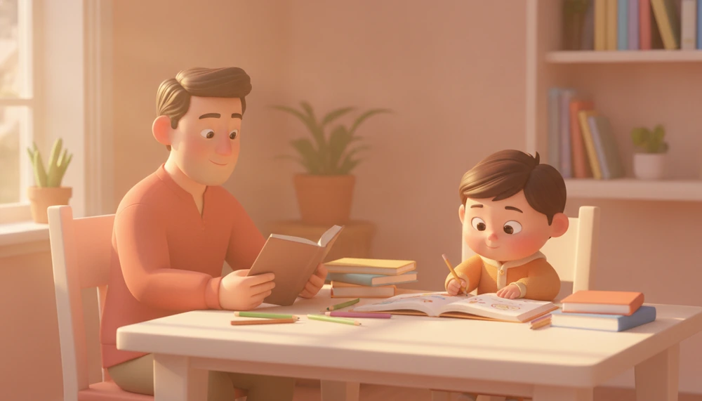 A parent and child sitting together at a table, the parent reading and the child working on homework, in a peaceful home setting.