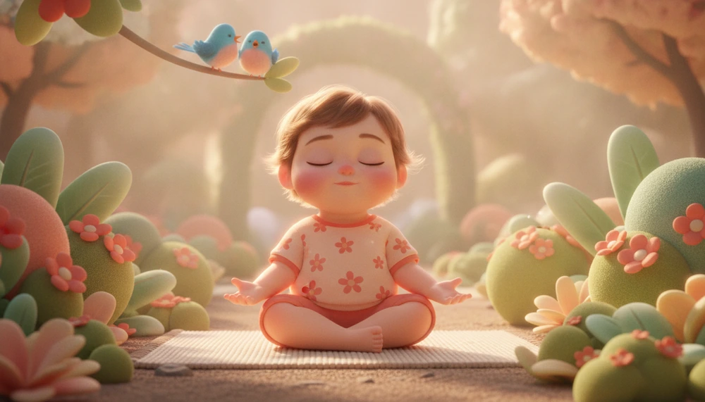 Child practicing mindfulness in a garden.