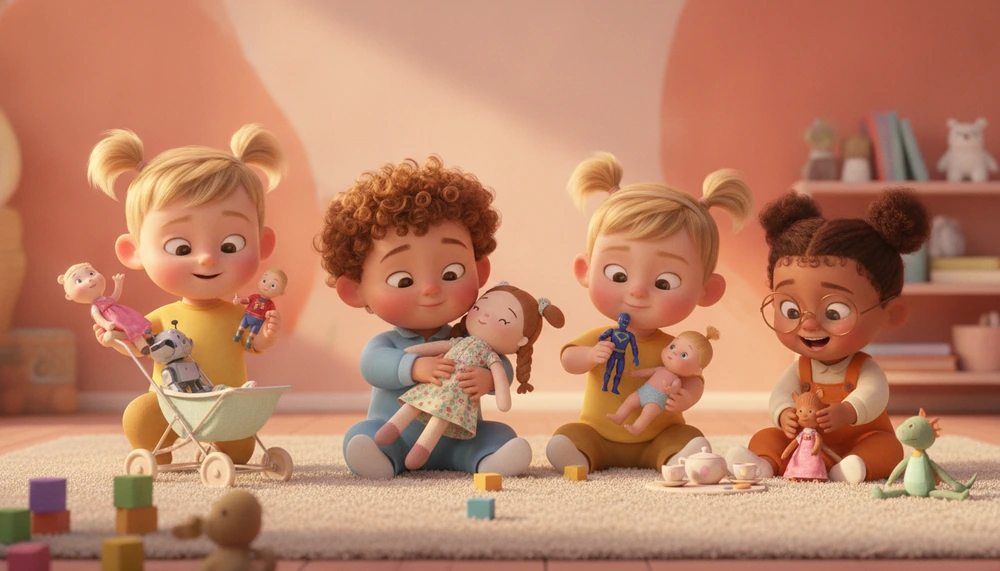 Boys and girls playing with dolls, promoting emotional literacy.
